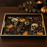 Halloween Ghost Serving Tray, Black Gold Frame, White Botanical - MintiHome