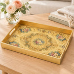 Damask Floral Daily Glass Tray – Cream Gold Blue Border - MintiHome