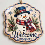 Snowman in Plaid Scarf Welcome Wooden Sign with Blue Snowflakes - MintiHome