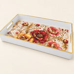 White Gold Embroidered Poppy Decorative Tray with Gold Leaves - MintiHome