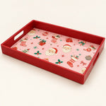 Poinsettia and Plaid Bow Christmas Plastic Serving Tray, Red Rim - MintiHome