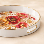 White Gold Embroidered Poppy Decorative Tray with Gold Leaves - MintiHome