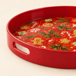 Poinsettia and Plaid Bow Christmas Plastic Serving Tray, Red Rim - MintiHome