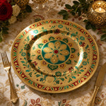 Diwali Lotus Mandala Charger Plate – Gold Electroplated Decorative Plate with Green & Red Paisley Border - MintiHome