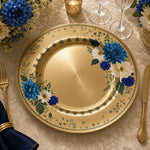 Diwali Blue Floral Charger Plate – White & Cobalt Dahlia Gold Electroplated Decorative Plate - MintiHome