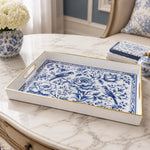 White Gold Blue Porcelain Floral Tray with Birds Chinoiserie Art - MintiHome