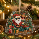 Clear acrylic knit Santa and reindeer wall decor with heart sunglasses, sleigh, gift boxes, and Christmas trees on jute.