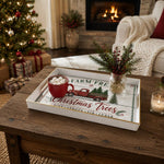 White tray with gold trim featuring Farm Fresh Christmas Trees sign with red truck and evergreens
