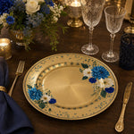 Diwali Blue Floral Charger Plate – White & Cobalt Dahlia Gold Electroplated Decorative Plate - MintiHome
