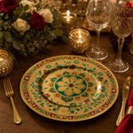 Diwali Lotus Mandala Charger Plate – Gold Electroplated Decorative Plate with Green & Red Paisley Border - MintiHome