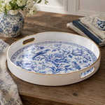 White Gold Blue Porcelain Floral Tray with Birds Chinoiserie Art - MintiHome