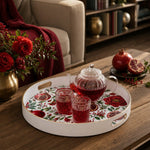 White tray with gold trim featuring red pomegranate and peony floral design