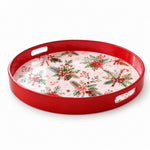Poinsettia and Plaid Bow Christmas Plastic Serving Tray, Red Rim - MintiHome
