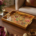 Diwali Floral Paisley Tray with Lotus & Diyas - Gold Frame - Minti Home - MintiHome