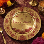 Decorative charger plate on a linen table.