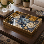 Navy Blue Peony Floral Glass Serving Tray with Gold Frame, 40x30cm - MintiHome