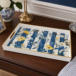 White Gold Blue Striped Botanical Tray with Yellow Peony Floral Design - MintiHome