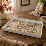 White tray with gold trim featuring autumn paisley leaf pattern in olive green and gold