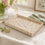 William Morris Sage Pink Floral Rectangular Tray | Mother's Day featuring full-color printed artwork with gold-painted rim and matching handles.