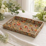 Gold Paisley Plastic Serving Tray – Vintage Floral Border featuring full-color printed artwork with gold-painted rim and matching handles.