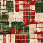 White tray with gold trim featuring rustic Christmas plaid patchwork in red green and cream