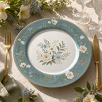 French Country Floral Charger Plate – Blue Green Rim with White Peony Center - MintiHome