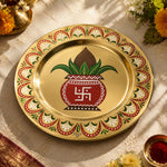 Diwali Kalash Swastik Charger Plate – Gold Electroplated Decorative Under Plate for Puja and Festive Table - MintiHome