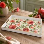 White tray with gold trim featuring watercolor pomegranate branch and cherry blossom design