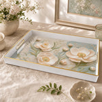 White tray with gold trim featuring pink poppy and vintage lace botanical floral design