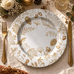 Thanksgiving Gold Maple & Pine Cone Charger Plate – Autumn Botanical Holiday Decor - MintiHome