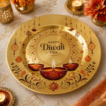 Happy Diwali Diya Hanging Beads Charger Plate – Gold Electroplated Round Under Plate for Festival Table - MintiHome