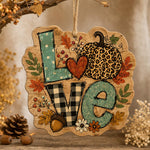 Thanksgiving LOVE MDF Wood Hanging Wall Decor – Pumpkin Letters clear acrylic hanging wall decor with back-printed illustration, scalloped die-cut silhouette, hung with natural jute twine.