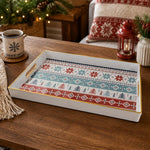 White tray with gold trim featuring Nordic fair isle snowflake and Christmas tree pattern