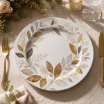 White ceramic decorative charger plate with a watercolor autumn leaf wreath in gold, ochre, and grey tones for modern tables.