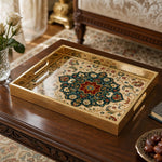 Persian Mandala Glass Serving Tray with Gold Frame - MintiHome