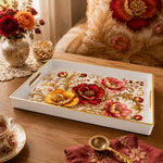 White Gold Embroidered Poppy Decorative Tray with Gold Leaves - MintiHome
