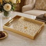 Orange Floral Scrollwork Gold Decorative Tray with Mughal Petals and Gold Frame | Minti Home - MintiHome