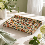 Colorful Fall Leaves Plastic Serving Tray – Full Print Border featuring full-color printed artwork with gold-painted rim and matching handles.