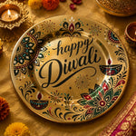 Diwali Happy Script Mandala Gold Charger Plate – Decorative Under Plate with Diya & Paisley Motif for Festive Table - MintiHome
