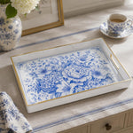 White Gold Blue and White Chinoiserie Peony Decorative Tray - MintiHome