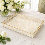 Cream Paisley Mosaic Plastic Serving Tray – Gold Scrollwork featuring full-color printed artwork with gold-painted rim and matching handles.