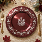 Decorative charger plate on a linen table.