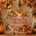 Thankful and Blessed Thanksgiving acrylic hanging wall decor with pumpkin, turkey, cornucopia, and clear die-cut edge.