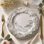 Chinese Ink Landscape Charger Plate – Misty Mountain Watercolor with Gold Edge on White - MintiHome