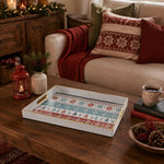 White tray with gold trim featuring Nordic fair isle snowflake and Christmas tree pattern
