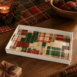 White tray with gold trim featuring rustic Christmas plaid patchwork in red green and cream