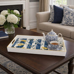 White Gold Blue Striped Botanical Tray with Yellow Peony Floral Design - MintiHome