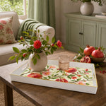 White tray with gold trim featuring watercolor pomegranate branch and cherry blossom design