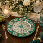 Persian mandala with teal arabesque border and gilded accents on a round decorative charger plate for boho table decor and gallery wall styling.
Plate type: electroplated (teal)