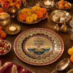 Decorative charger plate on a linen table.